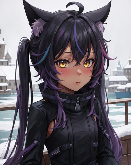 best quality, (masterpiece:1.2), illustration, absurdres,
(1girl, solo), (beautiful detailed girl),
<lora:Celine:0.8>, Celine Millstein, black hair, purple hair, streaked hair, ahoge, long hair, black cat ears, twintails, cat tail, dark skin, small breasts,
black dress, black nails, claws,
looking at viewer, tsundere, blush,
winter, cold, snow, snowing, harbor, port, dark, stone buildings, cobblestone buildings, medieval village, viking village,,
(sitting:1.2), (upper body, portrait),