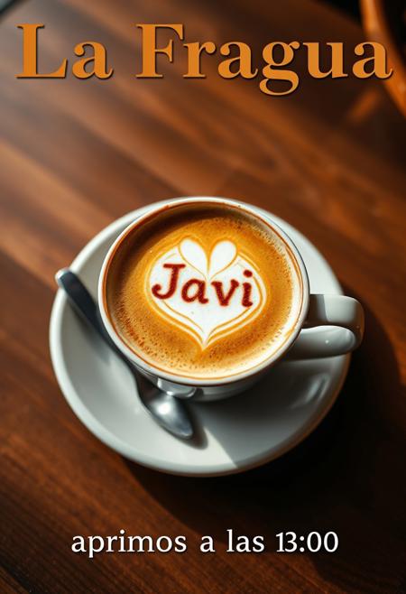 a close-up realistic food magazine photo in the style of Tadahiro Uesugi, from the top view, a cup of Latte placed on the table of Cafe, the cup of Latte has latte art which look like a hexagon with a bold letter "Javi" In the middle, at the upper part of the photo there is title using large bold fonts say "La Fragua", at the lower part of the photo there is footer using small bold fonts say "abrimos a las 10:30", very aesthetic, natural lighting