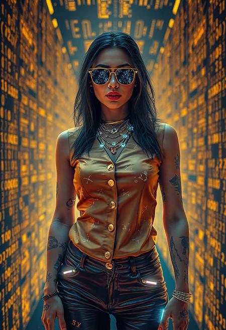 A cybernetic labyrinth filled with scrolling code streams. The woman’s gold-buttoned top is embroidered with pixel-art constellations, while her leather pants pulse with embedded LED circuits. Her sunglasses reflect strings of binary, and the layered necklace projects holographic runes. The background is a grid of shifting yellow and orange pixels, creating an immersive tech maze. Syd Mead’s digital minimalism collides with Rolf Armstrong’s retro-futuristic charm: glowing tattoos on her arms, a wink directed at the viewer, and a vibrant skin tone. Add flickering code trails and glitch effects.  Pixel constellations, LED circuits, binary reflections, holographic runes, glitch effects.