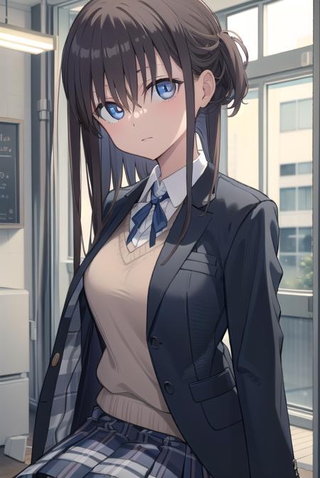 maegamichan, <lora:maegamichantest:1>, maegamichan, blue eyes, brown hair, hair over eyes, short hair,
BREAK blazer, jacket, pantyhose, plaid, plaid skirt, pleated skirt, school uniform, skirt, thighhighs, uniform, vest,
BREAK looking at viewer,
BREAK indoors, classroom,
BREAK <lora:GoodHands-vanilla:1>, (masterpiece:1.2), best quality, high resolution, unity 8k wallpaper, (illustration:0.8), (beautiful detailed eyes:1.6), extremely detailed face, perfect lighting, extremely detailed CG, (perfect hands, perfect anatomy),