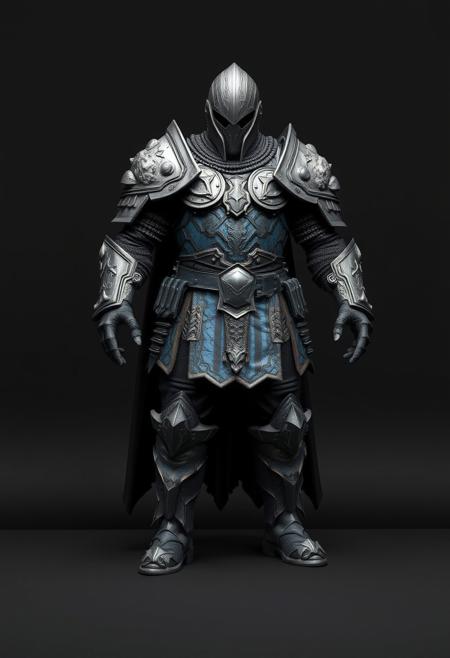 A warrior wearing buckly and sharp angled distinctive brutalist forms armor crafted from mithril - The armor showcases the characteristic iridescent patterns and vibrant colors of mithril , with deep blue and earthy gray creating natural striped patterns across the chest piece and leg guards.  Heavy rocky pauldrons and a thick neck guard provide additional protection, while the overall silhouette remains sharp angled and imposing. The armor is complemented by mithril  pants and brutalist imposing heavy boots at the base. The mineral patterns of the mithril  create an armor set that looks ancient with the metallic sheen of the mithril catching the light against the  black backdrop.
Standing on a flat gray ground  and black background, the camera angle is high rotated at a 45 degree angle
Set against a solid dark black color background to emphasize its unnatural form that emphasizes its silhouette. The medium is not a traditional painting or illustrative medium like watercolor or ink but rather a digital 3D rendering.
MikeFranchinastyle, bbstyle,, horror theme,, ZBClay model of a gray sculpture, zbrush, d4arks0uls, overcast lighting, jedioutfit