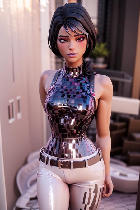 <lora:VRAMsSparkle:0.65>, xyzsparkle, 1girl, solo, looking at viewer, beautiful, masterpiece, 3d model, cycles render, makeup, portrait, disco pattern, multicolored hair, bare shoulders, white pants, eye shadow, belt