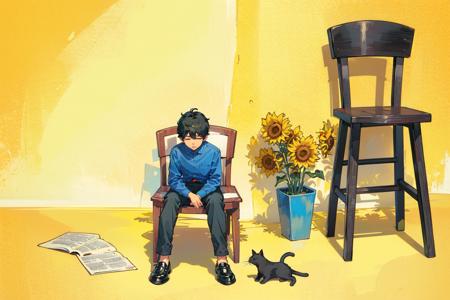 sitting, 1boy, shadow, flower, black pants, cat, shirt, pants, chair, male focus, table, black hair, white shirt, yellow flower, short hair, long sleeves, shoes, wide shot, collared shirt, black cat, solo, breast pocket, black footwear, vase, pocket, holding, sunflower, closed eyes, cup, book, plant<lora:airconditioner:1>