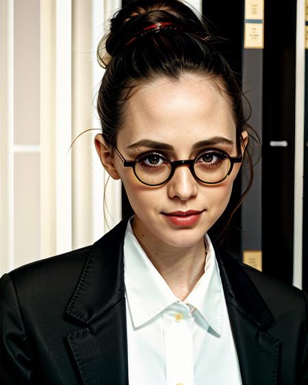 ChzElizaDushku, close-up, photo of 1girl as a strict librarian, glasses, slender figure, wearing edgdlf, chic black jacket, whisper-thin white silk shirt, (stern expression), hair in a sensible bun, library background, artistic composition, perfect shading, (detailed skin, perfect eyes), (photorealistic), (hyperdetailed:1.3), (masterpiece, best quality:1.5), edgdlf,