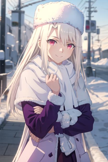 best quality, masterpiece, highres, solo, {illyasviel_von_einzbern_fatestaynightufotable:1.15}, long_hair, white_hair, red_eyes, bangs, hair_between_eyes, 1girl, fur_hat, hat, papakha, purple_headwear, scarf, white_scarf, coat, smile