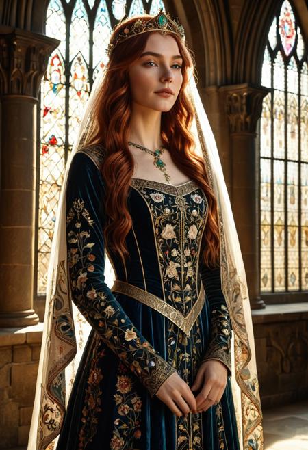 A beautiful medieval English princess standing in a grand stone castle hall illuminated by golden sunlight streaming through tall stained glass windows. She wears an ornate silk gown with embroidered floral patterns, a delicate jeweled circlet on her head, and a long flowing veil. Her expression is serene and noble, with long wavy auburn hair cascading over her shoulders. The scene includes carved gothic arches, tapestries, and a distant view of a medieval garden. Romantic soft lighting, high detail, Renaissance-inspired realism, 8k ultra HD, masterful portrait style, trending on ArtStation, by Greg Rutkowski and Alphonse Mucha.