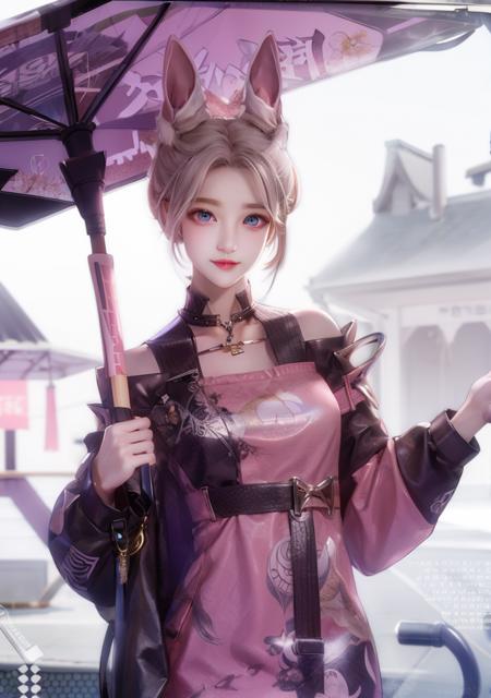 wuxian-xsg,1girl,solo,umbrella,blue eyes,looking at viewer,grey hair,hair bun,holding umbrella,holding,animal ears,pink dress,<lora:wuxian-xsg:0.75>,ulzzang-6500,pureerosface_v1, nsfw ctgamerboy, trending on ArtStation, chinese movie style, film style, chinese movie style, film lightning