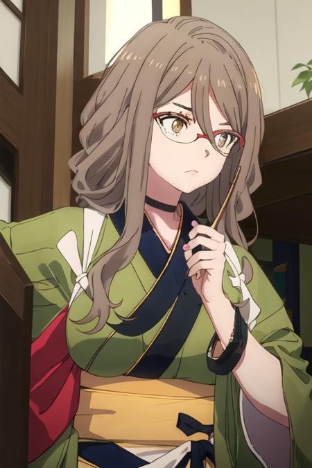 best quality, masterpiece, highres, solo, {nakahara_mizuki_lycorisrecoil:1.15}, brown_hair, long_hair, glasses, red-framed_eyewear, hair_between_eyes, brown_eyes, semi-rimless_eyewear, 1girl, black_choker, choker, green_kimono, japanese_clothes, kimono, tasuki, closed_mouth, breasts, over-rim_eyewear, upper_body