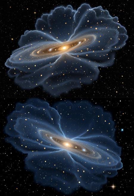 Matter creates a play, gas clouds in galaxy clusters have a too little mission,
While wearing dark halos of matter
They would need four times of their gravity erudition
To silence our question's patter, (about the)
Dark matter mystery,
Blackbody spectrum,
An interstellar medium
We're tracing lost energy
That's swallowed by an unplanetary tum
At the worlds bivium
Like a shadow to the starfeild's determinism,
The invisible twin follows its pace
Comprehensible monism changed to indefinable pluralism
Is it super-symmetry's surrounding face? (in a)
