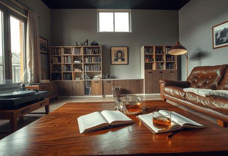 Sleek vintage-themed decor. Shot on a Fujifilm GFX 100S, soft contrast, balanced exposure, ISO 800. GF 45mm f/2.8 lens. Wide-angle shot, minimalist composition. Soft lighting with natural highlights.
A refined retro living space with a minimalist approach—clean lines, mid-century furniture, and a subtle color palette. A large picture window floods the room with soft light, reflecting off a polished wooden coffee table with intricate grain. The air carries the scent of aged books and freshly brewed tea, mingling with the musk of vintage upholstery.
A curated collection of vinyl records and retro cameras lines open shelves, organized by era. A classic table lamp casts a warm glow, while the dark ceiling adds sophistication. A turntable spins beside a row of worn hardcover books. A ceramic vase with dried lavender rests on a side table, adding rustic charm.
Furniture is arranged thoughtfully, each piece serving a purpose. A deep leather lounge chair sits in one corner, its surface softened by time. A minimalist floor lamp casts a golden glow over an open notebook and reading glasses. A glass of whiskey with a melting ice cube sits on a coaster, left in a moment of reflection. The uncluttered foreground allows the space to breathe, evoking nostalgia and timeless charm. The soft hum of a radio playing slow jazz completes the serene atmosphere.