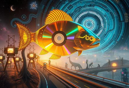 A floating neon city built entirely from giant CDs, reflecting a swirling cosmic sky. Towering mechanical trees with glowing circuits replace natural vegetation. Strange creatures with televisions for heads walk along gravity-defying roads, while a massive, golden fish hovers mid-air, its fins transforming into delicate fractals. The atmosphere is a mix of cyberpunk and dreamlike fantasy, with soft vaporwave lighting casting eerie yet beautiful reflections
