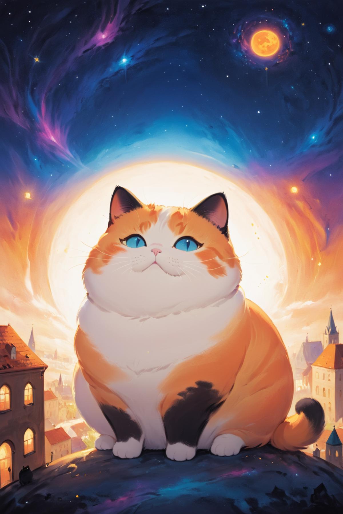A Fat Cat with Blue Eyes Sitting in Front of a Moon at Night.