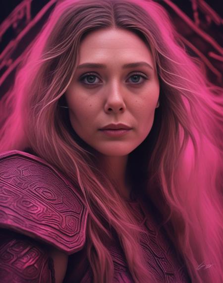 ElizabethOlsen, photograph, cinematic shot of a Otherworldly Dwarven (Woman:1.1) , (dark pink theme:0.7) , Honey hair, at Nighttime, FOV 90 degrees, Fine art, Guilty, Doodle Art style, film grain, Nikon Z9, 35mm, highly detailed, art by Jean-Sebastien Rossbach,  <lora:ElizabethOlsenSDXL:1>