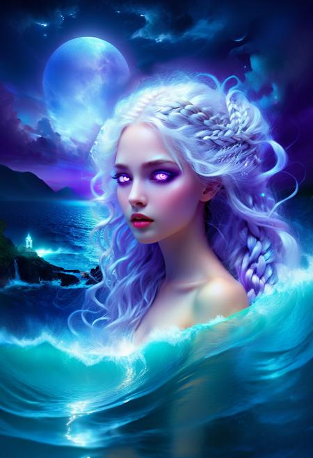 Dreamscape <lora:Abstract Concept-water:0.4>,in style of Poseidon (Greek Mythology),water,Derold Page full moon,David Martin holography,Cyril Rolando rain,Chris LaBrooy glowing electricity,Arie Smi art photography bioluminescence,Anne Stokes glowing energy,Android Jones glowing magic,, 1girl,long silver-white hair pale as moonlight,Targaryen lineage,hair is worn in intricate braids,large violet eyes noted for their intensity and otherworldly quality,pale smooth skin with a creamy complexion with an almost luminous quality,striking beauty,slim and petite build, . Surreal, ethereal, dreamy, mysterious, fantasy, highly detailed