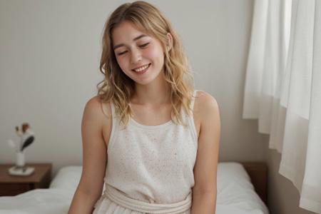 1girl, solo, ((innocent, virgin)), perfect cute, (best quality, high quality, relaxed pose, super large breasts, burly, tiny waist, legs, tired eyes, laughing, masterpiece, 8k:1.3), (german, 21 years old), ((petite body)), short stature, young face, ((blonde)), skinny, thin white tank top, panties, wavy hair tied up, (freckled), (low key lighting, round face, kawaii girl, dramatic shadows and subtle highlights:1.1), RAW photo, depth of field, (professional shot), CyberRealistic_Negative, lying in bed