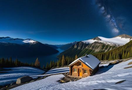 landscape, long exposure sky in night astro photography, irregular broken bright star clusters in the sky, view of the galaxy, vast snow on rocky mountainside, view of a mountain fjord, alpine meadow wildflowers, granite cliffs, coniferous forest, rugged rock formations, valleys carved by glaciers, log cabin with illuminated window with chimney coming out of smoke, hiking trails, melting streams snow, panoramic view