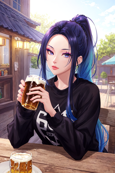 Virtual Diffusion Style, 1girl, alcohol, beer, black hair, blue hair, gradient hair, ponytail, long sleeves, sweatshirt, cup, holding, lips, long hair, makeup, outdoors, solo, outdoor cafe, rustic wooden building, (((masterpiece, best quality, ))), RAW, particle effects, light bokeh, depth of field, volumetric detailed lighting, ray tracing, (hyperrealism:1.2), (photorealistic:1.2), detailed face, detailed hair, <lora:SLLORA_V2:0.5>  Best_QualityPos Earth-QualityPos