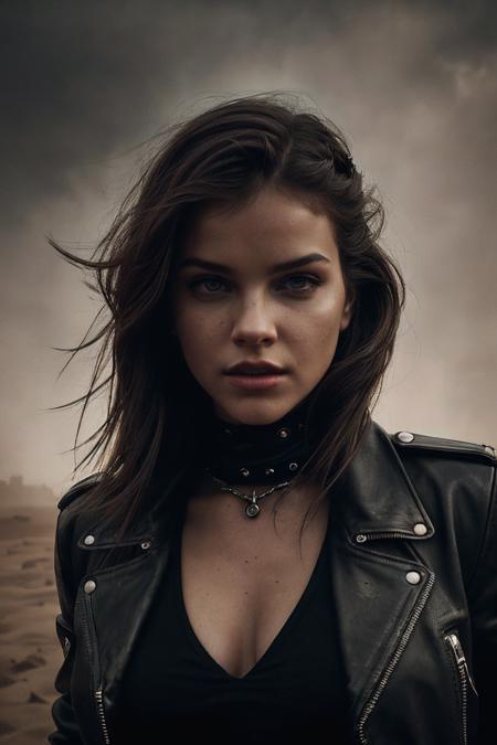 BarbaraP_SoloTI_v1,
 (In a rugged leather jacket adorned with metal spikes, and worn cargo pants, exuding a raw and fierce demeanor), (Amidst the desolate wasteland of a post-apocalyptic desert, where roaring engines and violent sandstorms create a symphony of chaos and survival, a sense of relentless determination and brutality fills the scorching air:1.3), (intense:1.3), (gritty, high-contrast, dust-filled atmosphere, action shot:1.3),
epiCPhoto, PA7_Portrait-MCU,