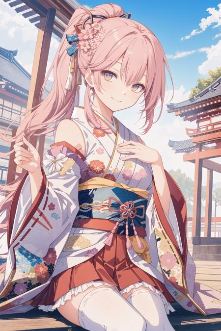 pixai,  intricate details, highres, best quality, HDR,
dynamic pose,
<lora:add_detail:0.1> ,<lora:outline:-0.1>,
outdoor,
cowboy shot,
smile,
(Posing as if hugging a friend),
(hand on own knee:1.2),
BREAK,
ponytail hair,
pink  hair,
orange color  eyes,
(medium breasts:1.1),
 <lora:cute_kimono_N_V1_1-000010:0.7>,
frills, japanese clothes, hair flower,wide sleeves, kimono, white thighhighs, zettai ryouiki, floral print, skirt,detached sleeves,