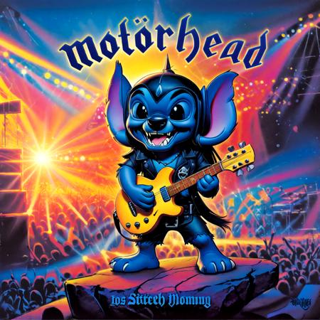 Disney animation style Disney (Stitch:1.1) as lemmy from motörhead, playing guitar on a rock concert, motörhead_cover, record cover, ,,. Bright colors, fluid motion, charming characters, wholesome storytelling, hand-drawn animation