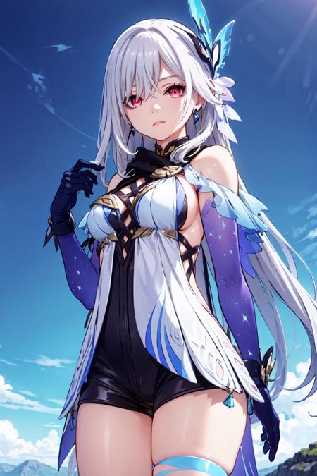 skirk, 1girl, long hair, gloves, breasts, jewelry, bangs, dress, bare shoulders, elbow gloves, looking at viewer, blue gloves, closed mouth, hair ornament, earrings, very long hair, medium breasts, cowboy shot, grey hair, hair between eyes, red eyes, black shorts, standing,
outdoor, landscape
<lora:skirk:1>