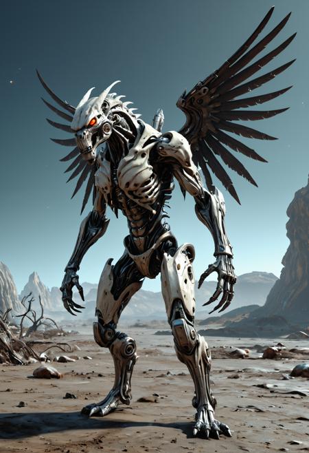 A biopunk cyborg werewolf with insect wings. Full length image. Background is alien landscape on an alient planet. <lora:EpicF4nta5yXL:0.35> . award-winning, professional, highly detailed . extremely high-resolution details, photographic, realism pushed to extreme, fine texture, incredibly lifelike, high contrast, well defined, <lora:Zariman_PONY:1>