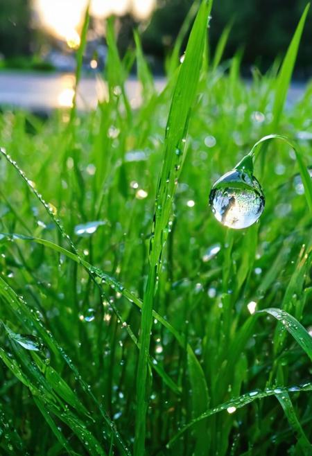 wet grass after a summer rain reflects the light of a street lamp in drops of water, the saturated greenery of the grass, the focus on a drop of water, The reflection sparkles and shimmers, fabulously