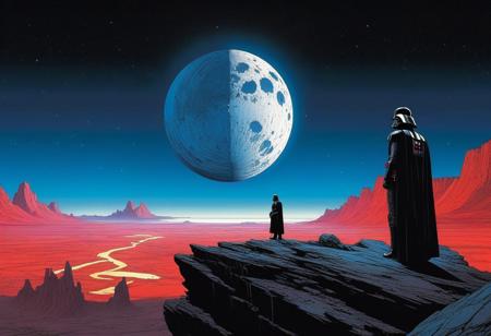 Centered, Incredibly Detailed Accurate Picture Of  A towering, broken moon, split in half, its rugged, rocky surface cracked and jagged, with the distinctive civitai emblem, a stylized logo encircling the globe, glowing bright blue, emblazoned on its celestial body, in the midst of a chaotic Star Wars-like battle scene, with Darth Vader standing atop a rocky outcropping, his ominous breathing audible, his lightsaber shining bright red as he faces off against the civitai Moon Base, its sleek, metallic surface reflecting the light of nearby stars, Blake Gladman's vibrant, vectorized style meeting the atmospheric, galaxy-spanning visuals of Katsuhiro Otomo, and the futuristic, dystopian feel of Jean Giraud, aka Moebius.
