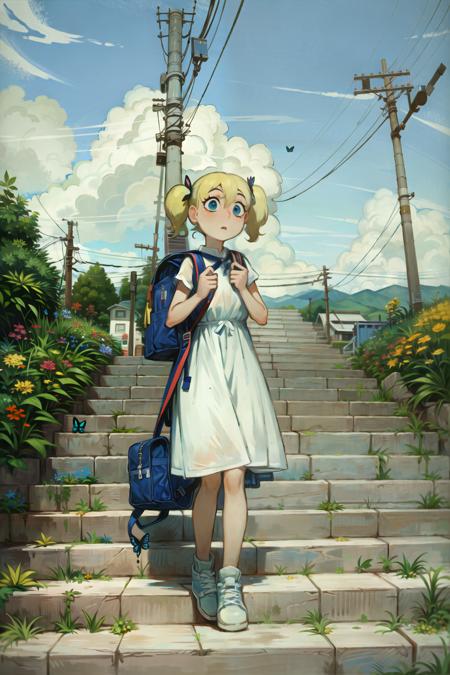 1girl, blonde hair, solo, sky, dress, outdoors, power lines, cloud, bag, blue eyes, day, scenery, twintails, stairs, short hair, sunlight, shoes, white dress, bug, blue sky, utility pole, sneakers, backpack, butterfly