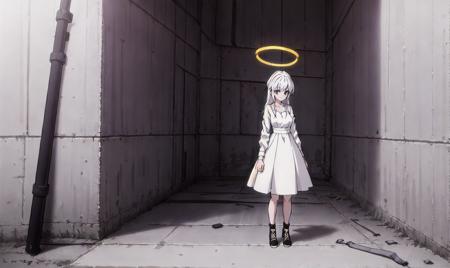 ((masterpiece, best quality)),a girl, solo, dress, standing, halo, alley, outdoors, bangs, white dress, white hair, long hair, black footwear, industrial pipe, looking at viewer, air conditioner,dark lighting, garbage, garbage bin, hxh2011 <lora:hxh2011:0.58>,