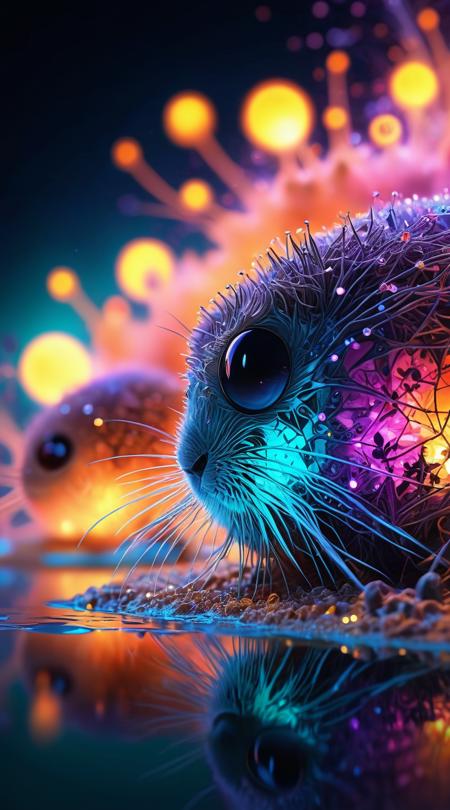 Drought-born dust bunnies, hacking into a secure network, Underwater shimmer, steamy with vapor rising, saturation of tropical colors, side profile shot, wide foreground with deep focus, doodle art spontaneous lines, sparkling diamond facets, flickering candlelight ambiance, soft focus background separation, kaleidoscopic fractal patterns.