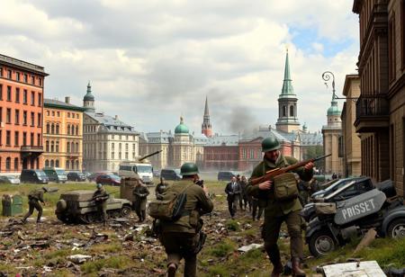 Modern, land war, scene, british soldiers, takein cover, war torn cityscape, russia,