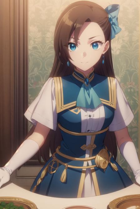 catarinaclaes, <lora:catarina claes s2-lora-nochekaiser:1>,
catarina claes, long hair, bangs, brown hair, blue eyes, asymmetrical bangs, smile,
BREAK hair ornament, gloves, dress, bow, jewelry, jacket, short sleeves, hair bow, earrings, white gloves, bracelet, ascot, blue dress, blue bow, brooch, high collar, long dress, blue ascot,
BREAK indoors,
BREAK looking at viewer, (cowboy shot:1.5),
BREAK <lyco:GoodHands-beta2:1>, (masterpiece:1.2), best quality, high resolution, unity 8k wallpaper, (illustration:0.8), (beautiful detailed eyes:1.6), extremely detailed face, perfect lighting, extremely detailed CG, (perfect hands, perfect anatomy),