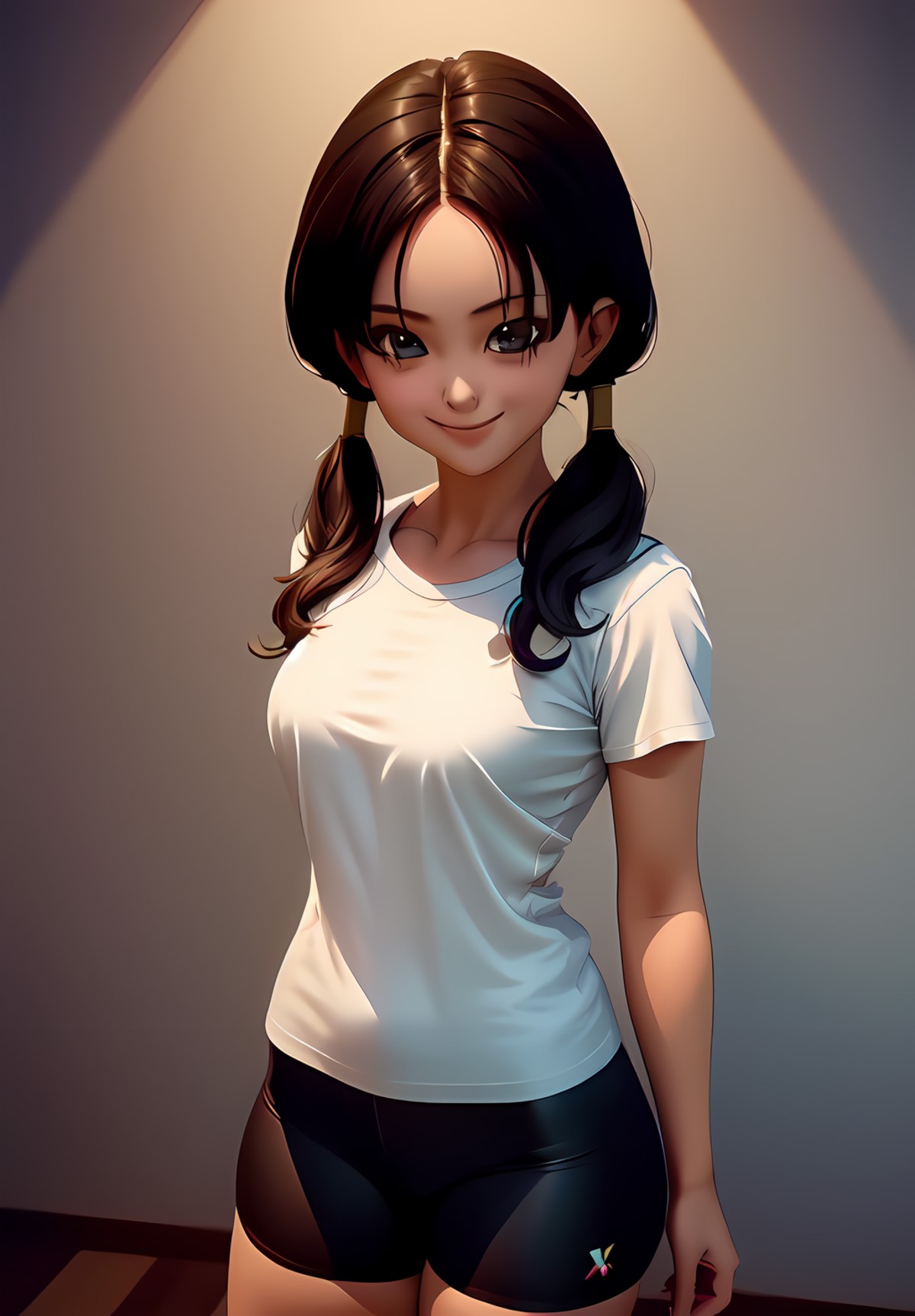<lora:Videl:0.8>, Videl, 1girl, solo, smile, white shirt, bike shorts,, (acclaimed, alluring, captivating, exciting, gorge...