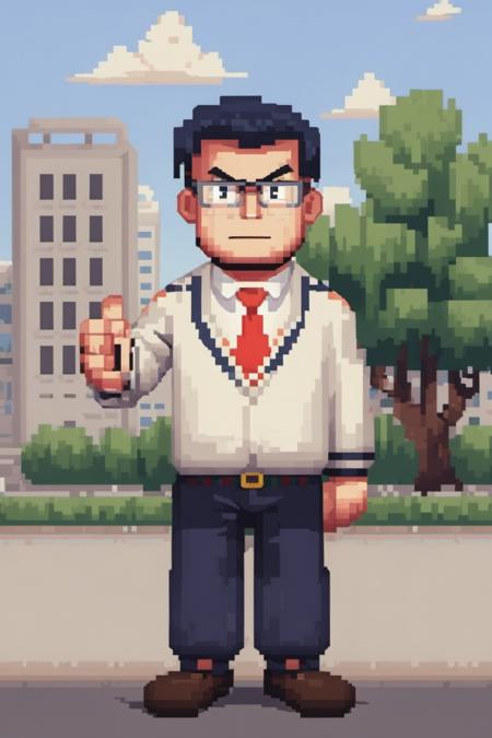 Pixel style image of full body tenxiida character,  serious male,  wearing glasses,  in a school uniform,  background of city buildings, <lora:EMS-57832-EMS:1.000000>, , <lora:EMS-42849-EMS:1.000000>