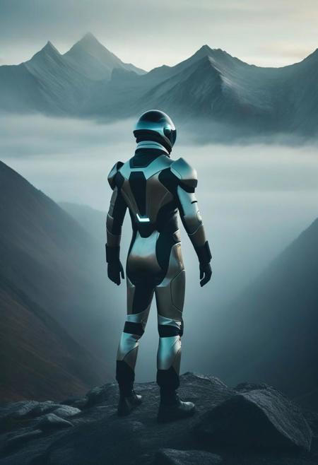 (Minimalist wide angle movie still), man in a futuristic suit, mountains, north nature, muted tones, warm light, cold colors, low contrast, foggy