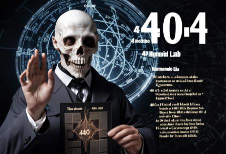 high quality lost 404 occult leader holding a 404. Very clear text showing the numbers exactly as "404". 404. extremely detailed, crazy number 404. Humanoid genetic engineering lab experiment. Very captivating. Hyper-realistic 404 freak. insanely overwhelming 404 strangeness. Otherworldly chaos. Chaotic '404' party scene. Full view, HD, 4k, ultra realism.