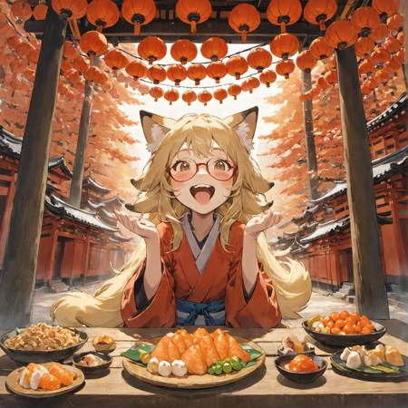 masterpiece, best quality, ultra-detailed, illustration,
1girl, glasses, blonde hair, long hair, fox ears, miko, smile, laughing,  arms up, happy,
oinarisan, food, still life, food focus, realistic, plate, leaf, table,
fushimi inari, shrine, 
 <lora:oinarisan_SDXL_V1:1>