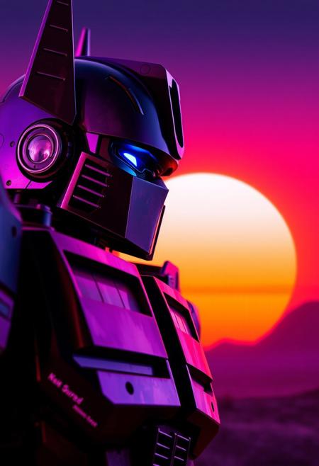 Purple and black Optimus Prime cowboy shot photograph with an orange and blue synthwave sun background. Slightly turned.