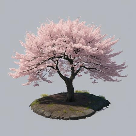 flat illustration of Japanese cherry tree, Masterpiece, High quality, RAW, detailed, volumetric light, dramatic lighting, backlight, plan background, tshirt design, simple background, flat background