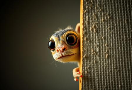 A whimsical creature peeks into the right side of a vertical canvas, its large, curious eyes staring directly into the frame as if observing the viewer. The frame itself appears to bend slightly, reacting to the creatureâs playful presence, creating the illusion that itâs part of the scene, Vibrant Glow