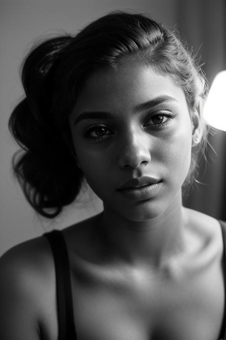 monochrome, portrait, 1940's hairdo, headshot, ponytail, ((cleavage)), formal hairstyle, flirty, parted lips, (looking at viewer). BREAK n1kk1-001, black hair, brown eyes. (dark skin:2.3). (PA7_Photo-BW:126)