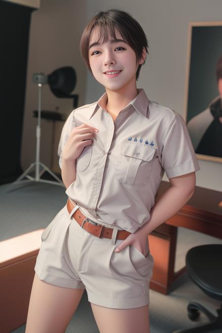 best quality,1gril,shirt, solo, 8k uhd, film grain, (studio lighting:1.2), (Fujifilm XT3), (photorealistic:1.3) , (detailed skin:1.2),beautiful detailed sky,(nose blush),(smile:1.15),(closed mouth),(short hair:1.2), full body,putintheking,student,((gaygaygay))