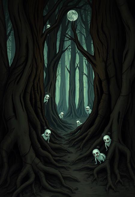 A forest filled with tiny, mischievous spirits, playing hide-and-seek among the roots of ancient trees
digital, creepy ghostly figure, eerie and unsettling presence, a fusion of dark fantasy and chilling horror elements. The artwork delves into themes of the macabre, the supernatural, and the uncanny, using a stark color palette, expressive lines, and intricate details to evoke a sense of foreboding and intrigue.
