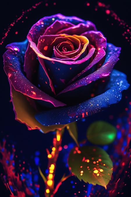 a photo of a rose with blacklight makeup, detailed, intricate, elegant, vibrant colors, masterpiece, cinematic, 8k <lora:blacklight_makeup_v1:1>