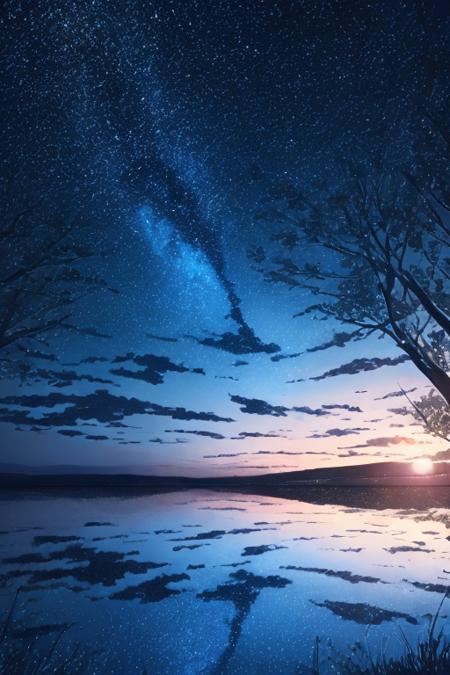 no humans, star (sky), scenery, sky, starry sky, night, tree, night sky, reflection, outdoors, blue theme, water, lake, nature  <lora:JW-000005:1>