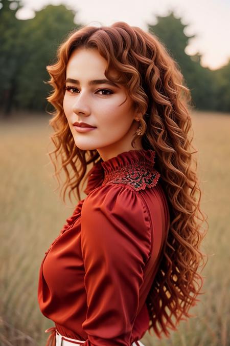 A stunning intricate full color portrait of a 18 year old beautiful woman,wearing a red high neck blouse, having fun, epic character composition,by ilya kuvshinov, alessio albi, nina masic,sharp focus, natural lighting, subsurface scattering, f2, 35mm, film grain , curly hair  <lora:polyhedron_skinny_all:0.3> <lora:Draghixa:1>