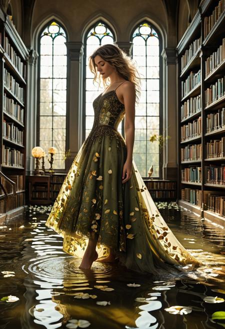 A breathtakingly beautiful woman standing barefoot in the middle of a flooded library, water reaching her ankles, reflecting shelves of floating books and golden afternoon light pouring through broken stained-glass windows. She wears an elegant, weathered ball gown made of moss, petals, and sheer silk, blending seamlessly with the natural decay of the room. Her hair is windswept, with small birds resting in it, and her expression is calm and knowing. Subtle surrealism, cinematic realism, dreamlike atmosphere, soft focus, shallow depth of field, ultra-detailed textures, 8k, muted earth tones, photorealistic style, trending on ArtStation