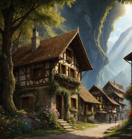 (low contrast ), colorfantasystyle sharp details, a medieval village in switzerland, mess jungle in background, ornate, beautiful, atmosphere, vibe, flowers, concept art illustration, greg rutowski, volumetric lighting, sunbeams, particles, colorful clothes, by Jean-Baptiste Monge, Gilles Beloeil, Tyler Edlin, Marek Okon, Pixar, album art, comic style, golden ratio, perfect composition, a masterpiece, trending on artstation, oversaturated, epic realistic, hdr, intricate details, rutkowski, intricate, cinematic, detailed