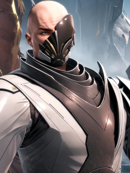 (best quality, masterpiece)<lora:swtorkotfefamily:0.8>solo,upper body,1boy, armor,arcann,bald,bionic mask, (high contrast, official art, extreme detailed, highest detailed)